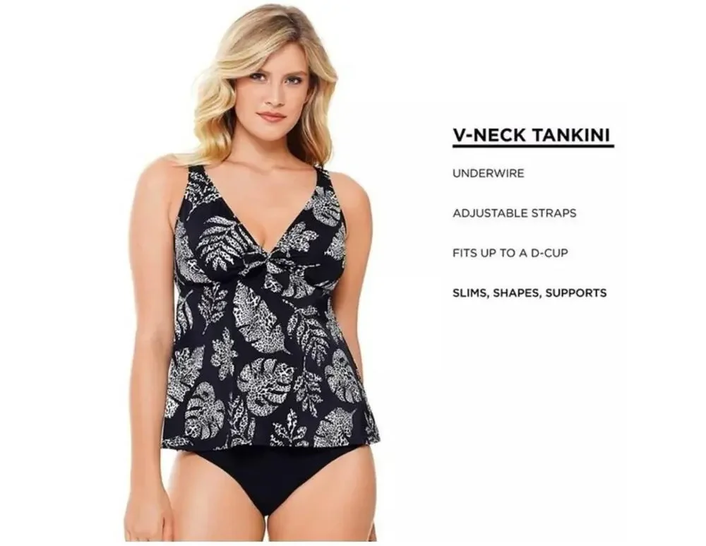 Swim Solutions V Neck Tankini Top Women's Size 10 Black White Underwire D Cup